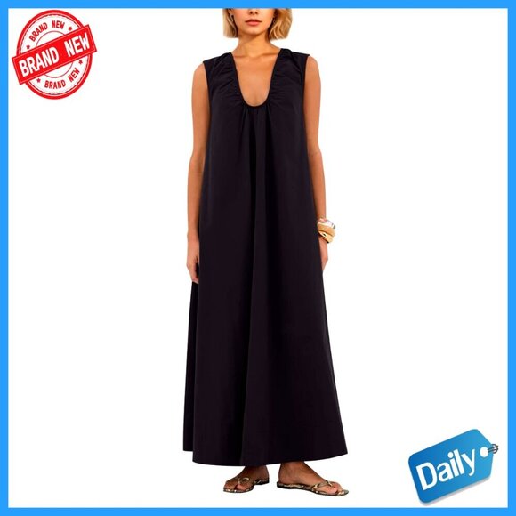 Dresses & Skirts - Cotton Maxi Dress with Scoop Neck Ruched Details Side Pockets